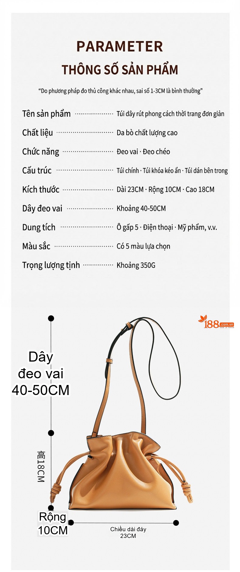 Túi Đeo Vai/Đeo Chéo Nữ Da Bò Rút Dây Kiểu Flamenco/Cloud Bag Màu Nâu, Kem chi tiết 3