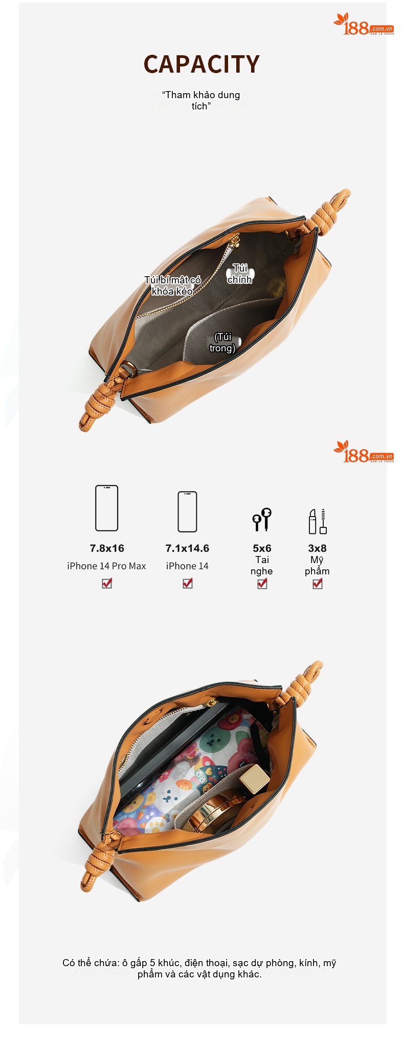 Túi Đeo Vai/Đeo Chéo Nữ Da Bò Rút Dây Kiểu Flamenco/Cloud Bag Màu Nâu, Kem chi tiết 4