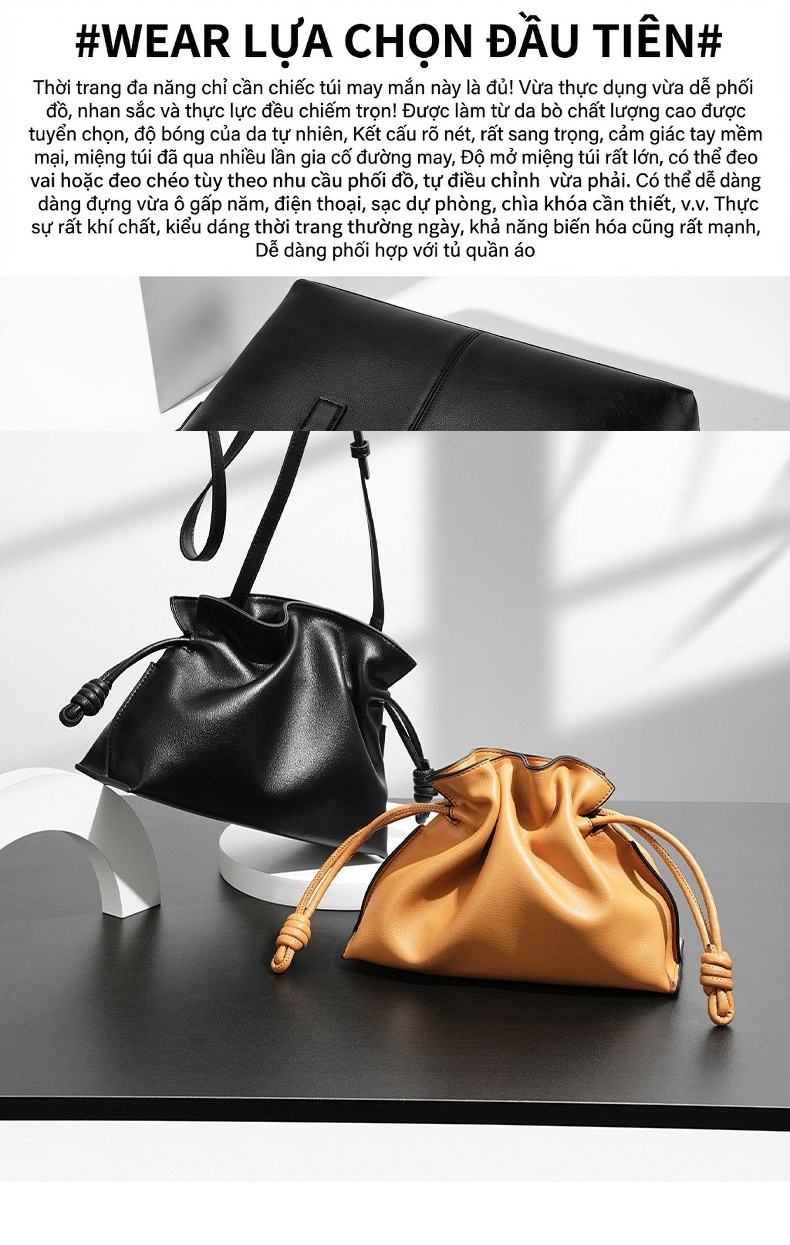 Túi Đeo Vai/Đeo Chéo Nữ Da Bò Rút Dây Kiểu Flamenco/Cloud Bag Màu Nâu, Kem chi tiết 5