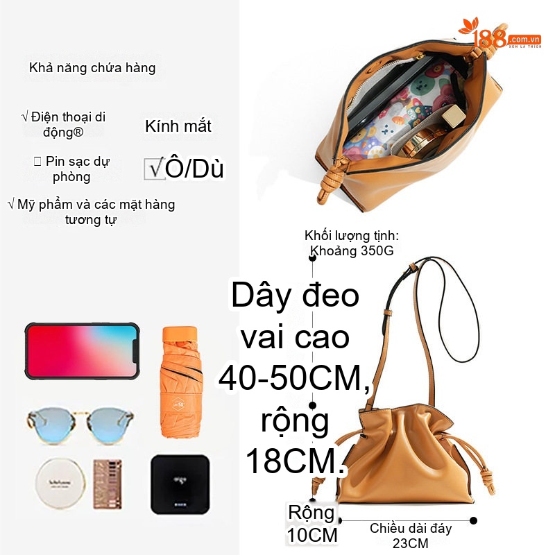 Túi Đeo Vai/Đeo Chéo Nữ Da Bò Rút Dây Kiểu Flamenco/Cloud Bag Màu Nâu, Kem