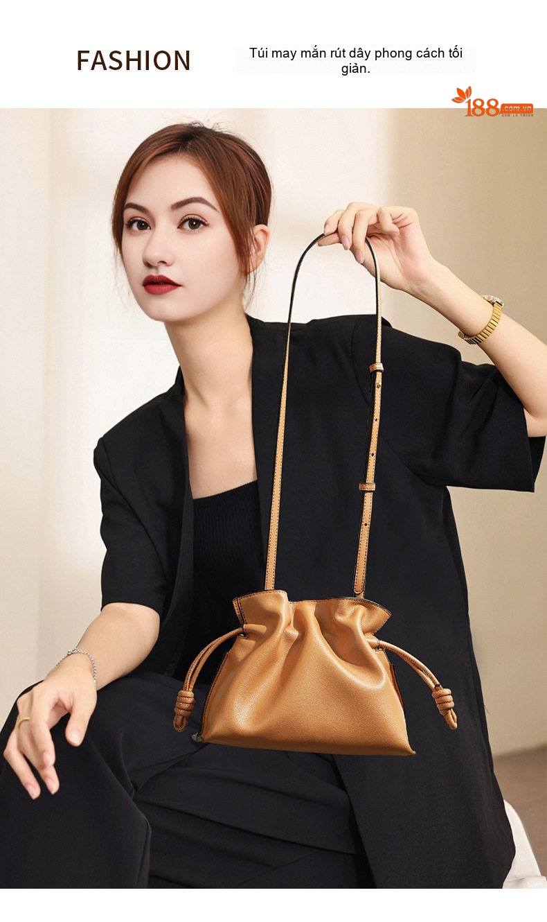 Túi Đeo Vai/Đeo Chéo Nữ Da Bò Rút Dây Kiểu Flamenco/Cloud Bag Màu Nâu, Kem chi tiết 2