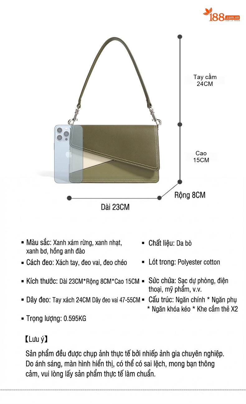 Túi Đeo Vai/Đeo Chéo Nữ Da Bò Thiết Kế Hình Học Màu Xanh Olive, Trắng, Hồng chi tiết 8