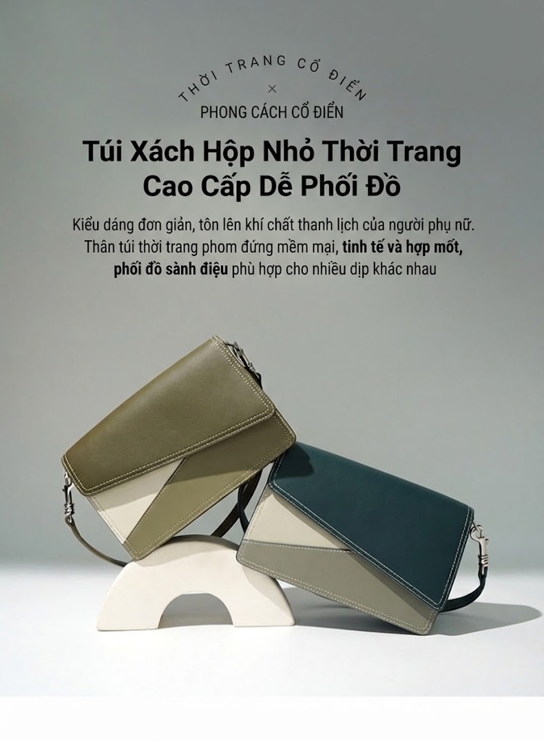 Túi Đeo Vai/Đeo Chéo Nữ Da Bò Thiết Kế Hình Học Màu Xanh Olive, Trắng, Hồng chi tiết 2