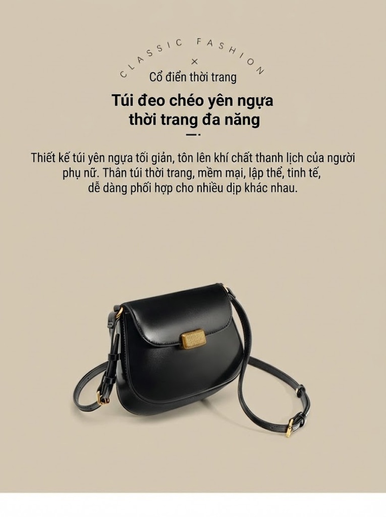 Túi Đeo Vai/Đeo Chéo Nữ Da Bò Thiết Kế Tối Giản Phong Cách Retro Màu Đen chi tiết 1