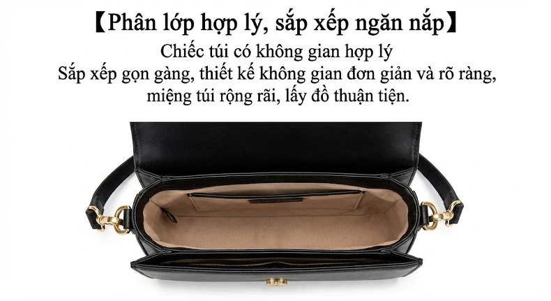 Túi Đeo Vai/Đeo Chéo Nữ Da Bò Thiết Kế Tối Giản Phong Cách Retro Màu Đen chi tiết 5