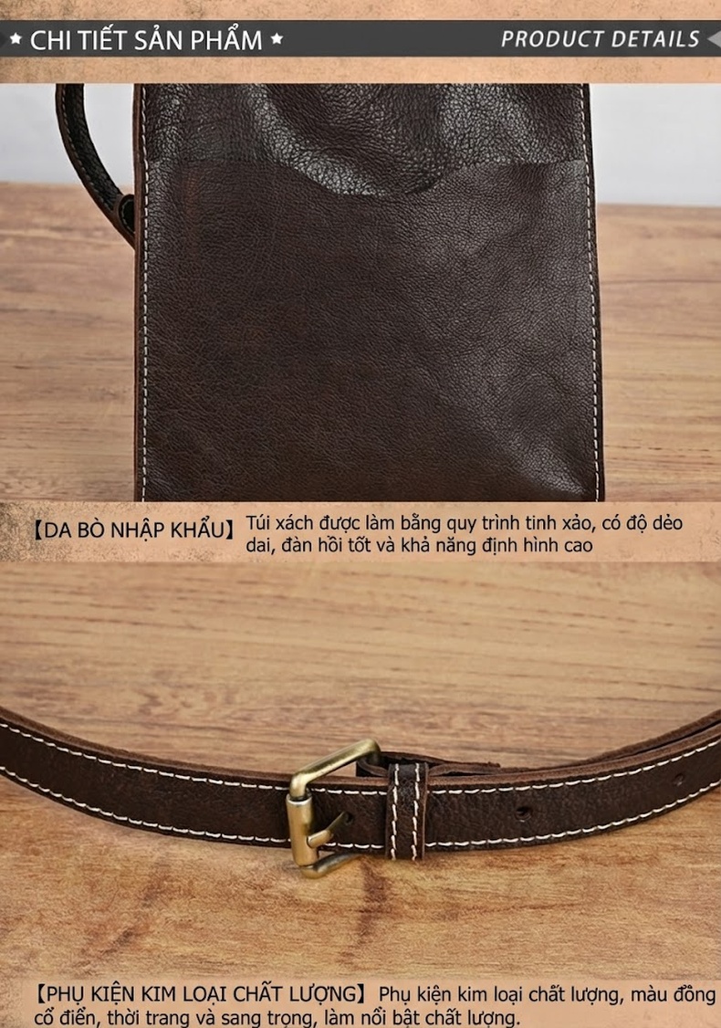 Túi Đeo Vai/Đeo Chéo Nữ Da Bò Thủ Công Phong Cách Vintage Màu Nâu chi tiết 11