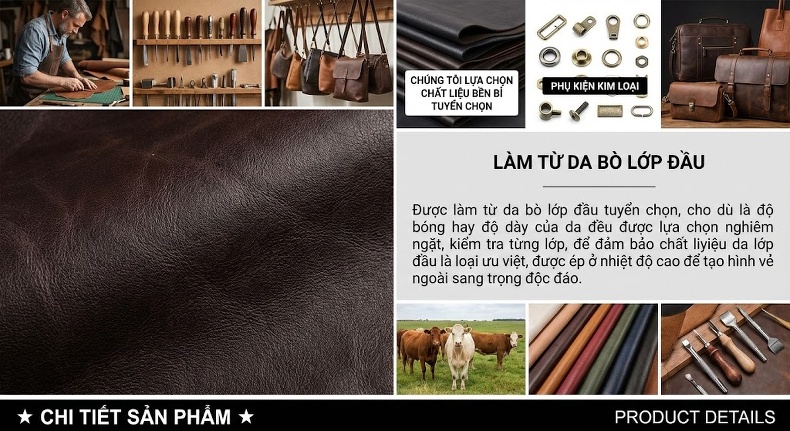 Túi Đeo Vai/Đeo Chéo Nữ Da Bò Thủ Công Phong Cách Vintage Màu Nâu chi tiết 2