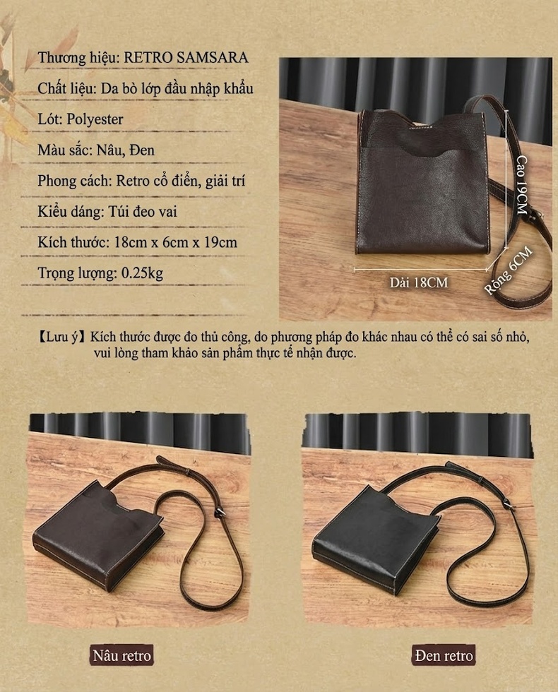 Túi Đeo Vai/Đeo Chéo Nữ Da Bò Thủ Công Phong Cách Vintage Màu Nâu chi tiết 3