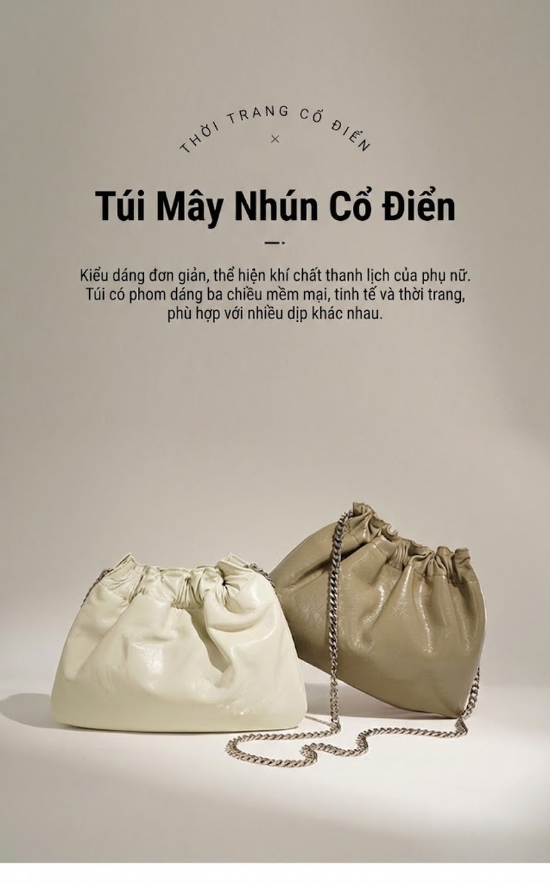 Túi Đeo Vai/Đeo Chéo Nữ Da Bóng Dáng Cloud Nhún Bèo Dây Xích Phong Cách Retro Màu Kem, Nâu chi tiết 1