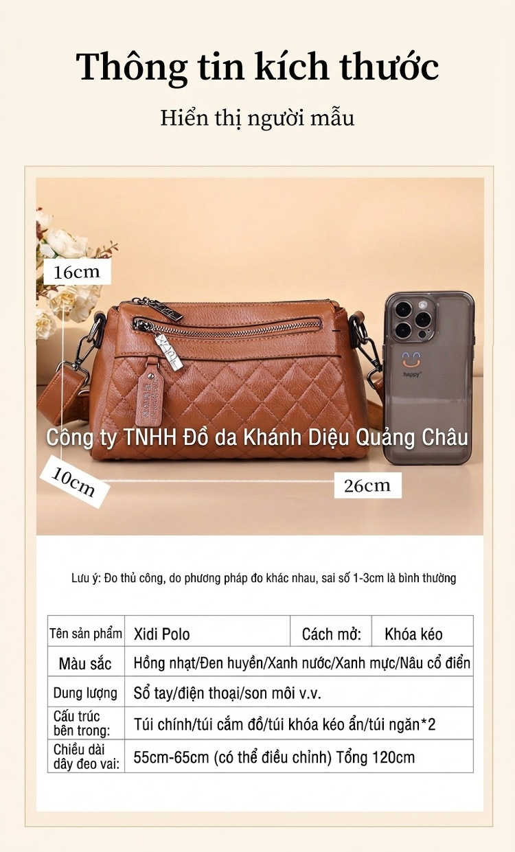 Túi Đeo Vai/Đeo Chéo Nữ Da Bóng Họa Tiết Trám, Nhiều Ngăn, Dung Tích Lớn Phong Cách Cổ Điển Màu Nâu, Xanh Lá, Đen chi tiết 5