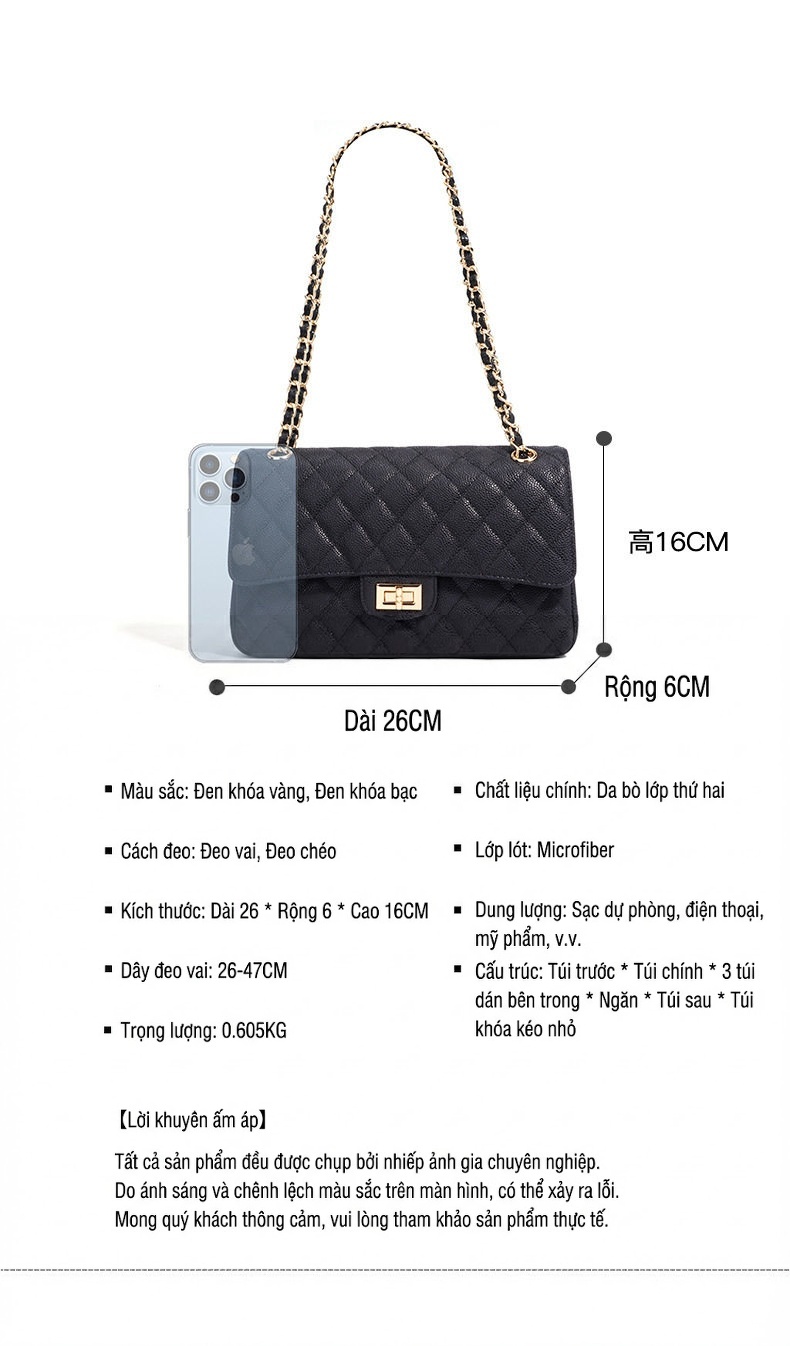 Túi Đeo Vai/Đeo Chéo Nữ Da Bóng Trám Ô Dây Xích Phong Cách Cổ Điển Màu Đen chi tiết 8