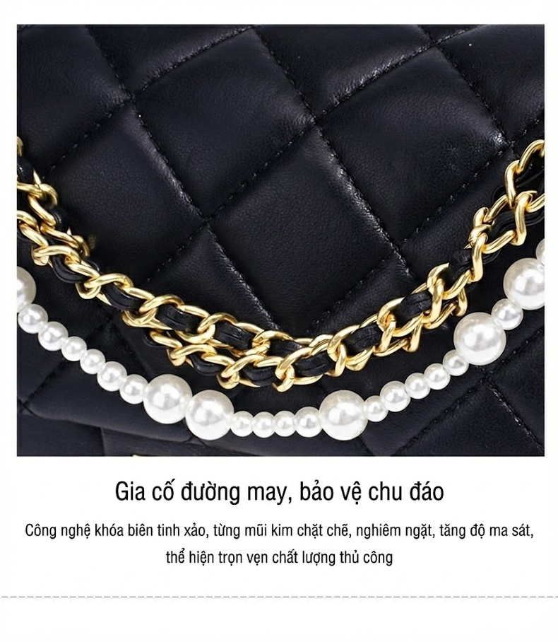 Túi Đeo Vai/Đeo Chéo Nữ Da Cừu Ô Trám Dây Xích Ngọc Trai Cao Cấp Màu Đen chi tiết 13