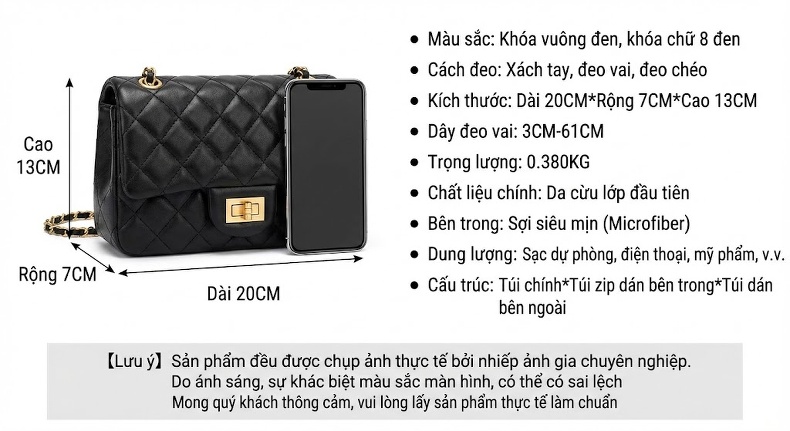 Túi Đeo Vai/Đeo Chéo Nữ Da Cừu Ô Trám Dây Xích Ngọc Trai Cao Cấp Màu Đen chi tiết 21