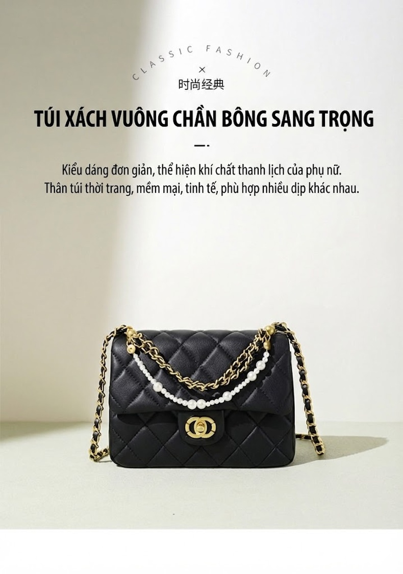 Túi Đeo Vai/Đeo Chéo Nữ Da Cừu Ô Trám Dây Xích Ngọc Trai Cao Cấp Màu Đen chi tiết 1