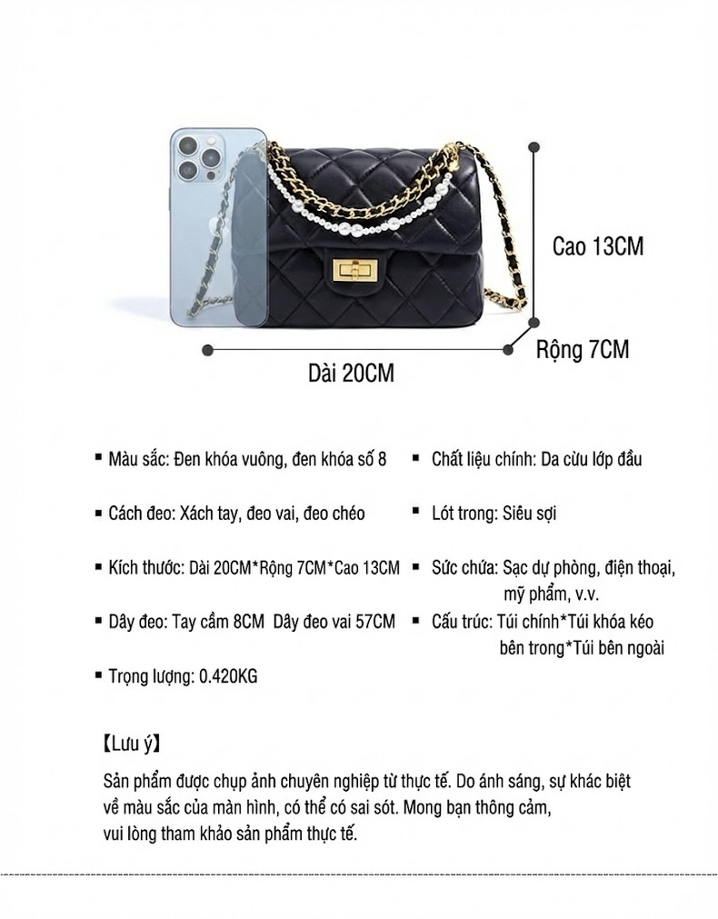 Túi Đeo Vai/Đeo Chéo Nữ Da Cừu Ô Trám Dây Xích Ngọc Trai Cao Cấp Màu Đen chi tiết 8