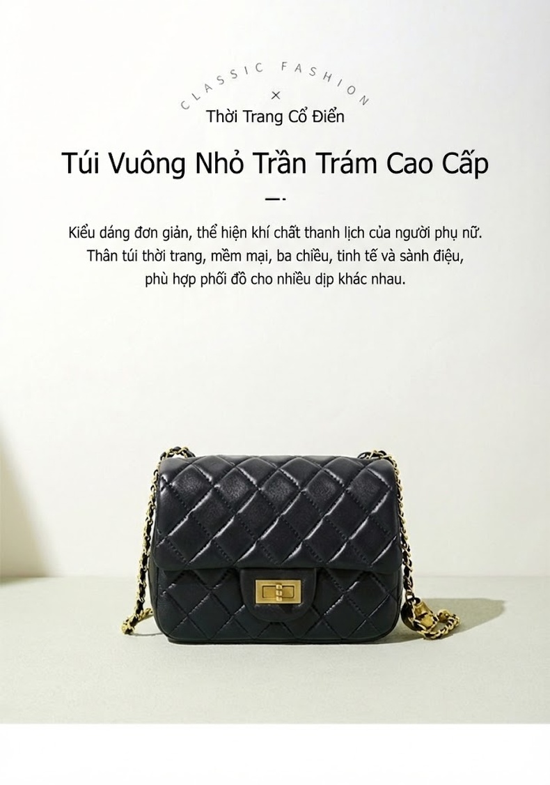 Túi Đeo Vai/Đeo Chéo Nữ Da Cừu Trám Ô Dây Xích Quả Cầu Vàng Thiết Kế Sang Trọng Màu Đen chi tiết 1