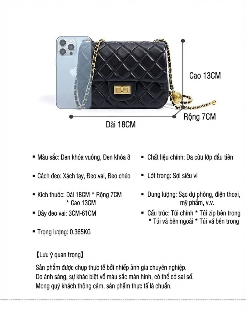 Túi Đeo Vai/Đeo Chéo Nữ Da Cừu Trám Ô Dây Xích Quả Cầu Vàng Thiết Kế Sang Trọng Màu Đen chi tiết 8