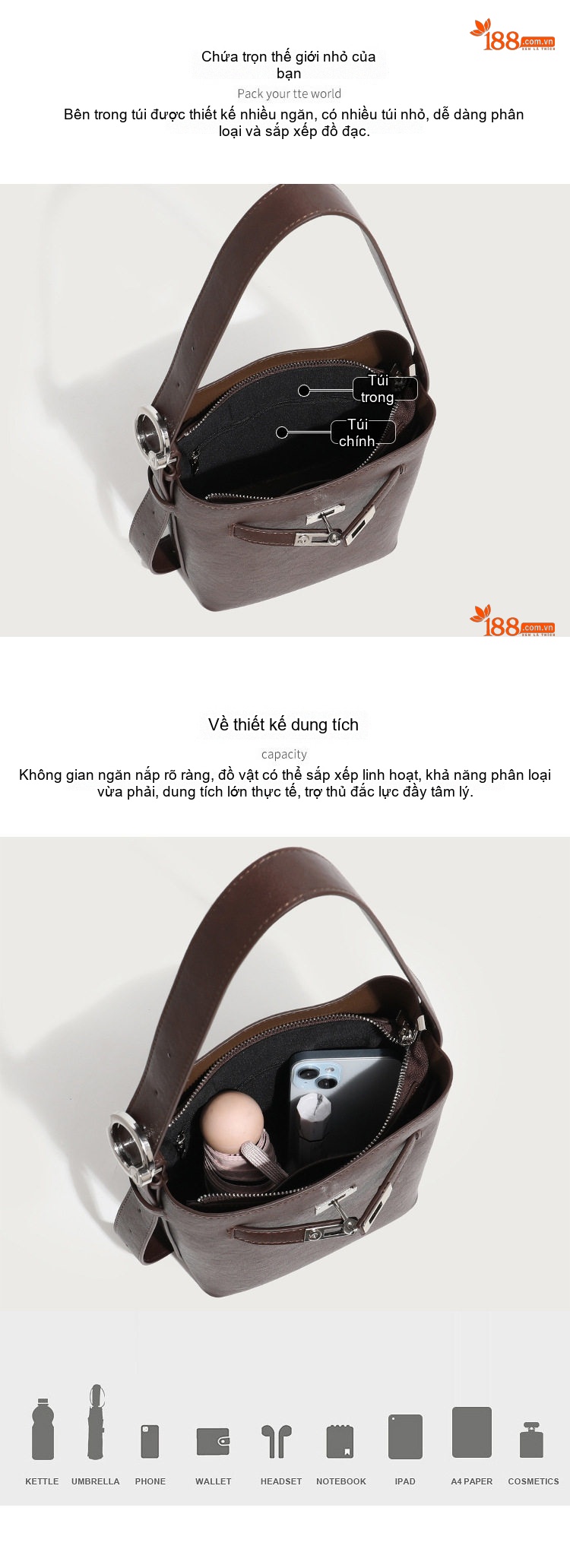 Túi Đeo Vai/Đeo Chéo Nữ Da Dầu Sáp Lớp Đầu Dáng Thùng Ins Thời Trang Hàn Quốc Màu Nâu, Đen chi tiết 4