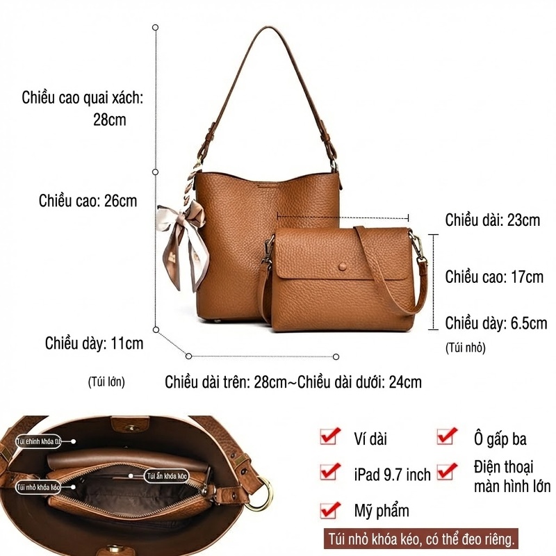 Túi Đeo Vai/Đeo Chéo Nữ Da Mờ Sức Chứa Lớn Phong Cách Công Sở Kèm Túi Nhỏ Màu Nâu, Đen