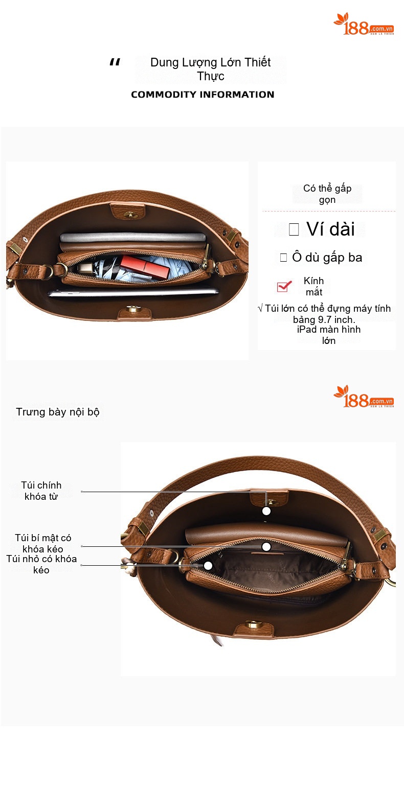 Túi Đeo Vai/Đeo Chéo Nữ Da Mờ Sức Chứa Lớn Phong Cách Công Sở Kèm Túi Nhỏ Màu Nâu, Đen chi tiết 3