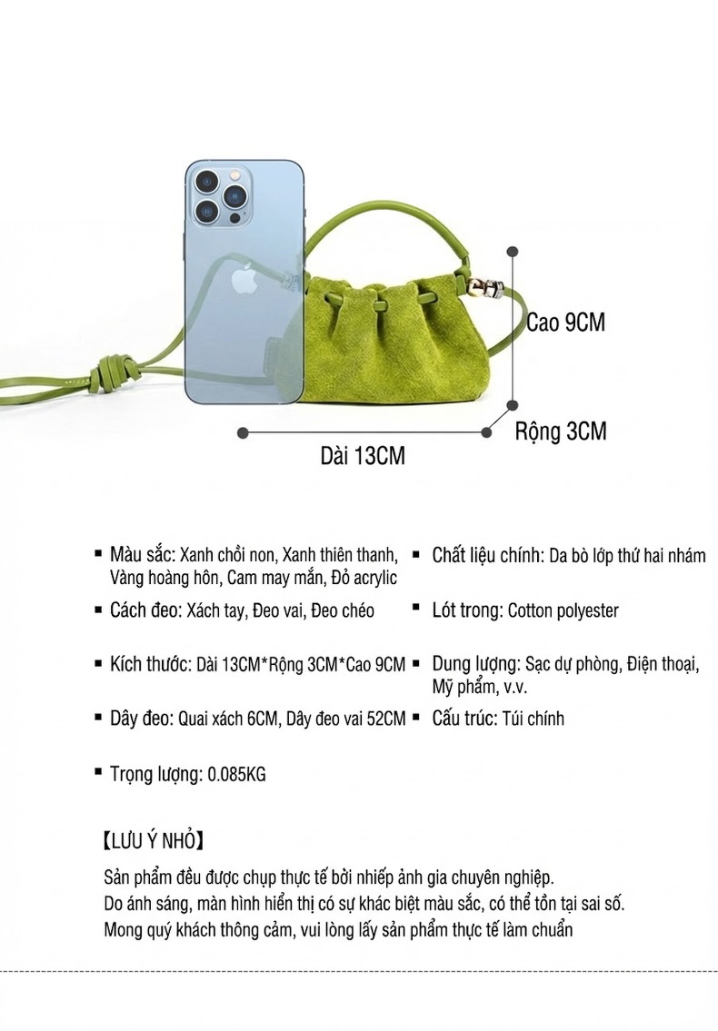 Túi Đeo Vai/Đeo Chéo Nữ Da Mờ Thiết Kế Nhún Bèo Màu Xanh, Vàng, Xanh Lá... chi tiết 28