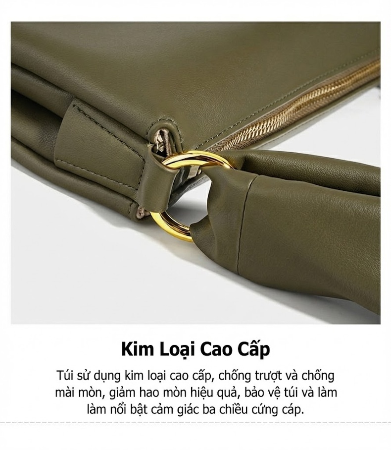 Túi Đeo Vai/Đeo Chéo Nữ Da Thật Cá Tính Cao Cấp, Túi Xách Tay Da Bò Sức Chứa Lớn Màu Xanh Olive, Nâu chi tiết 13