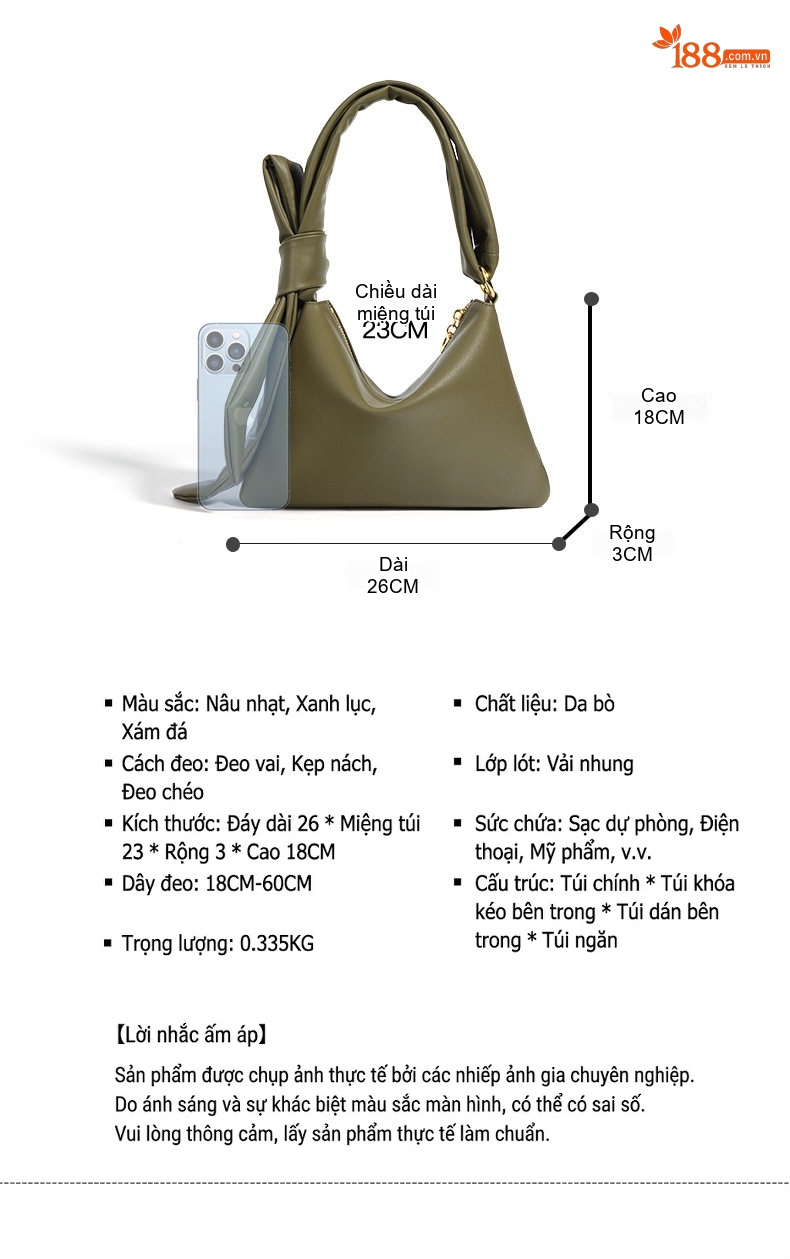 Túi Đeo Vai/Đeo Chéo Nữ Da Thật Cá Tính Cao Cấp, Túi Xách Tay Da Bò Sức Chứa Lớn Màu Xanh Olive, Nâu chi tiết 7