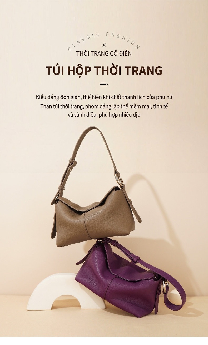 Túi Đeo Vai/Đeo Chéo Nữ Da Thật Da Bò Phong Cách Công Sở Màu Đen, Nâu, Tím chi tiết 1