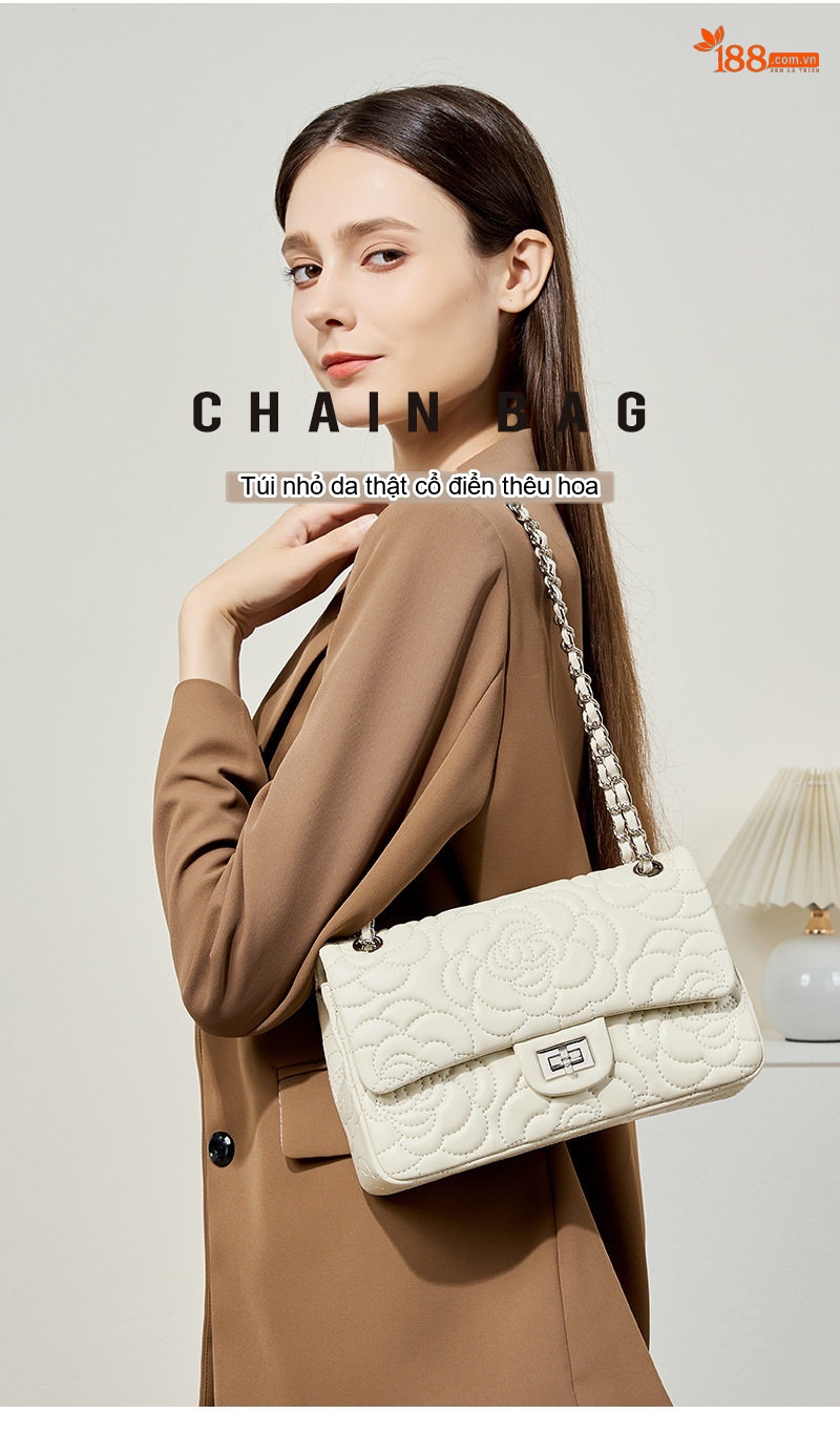 Túi Đeo Vai/Đeo Chéo Nữ Da Thật Da Cừu Họa Tiết Hoa Trà Phong Cách Tiểu Thư Màu Trắng, Đen, Hồng chi tiết 1