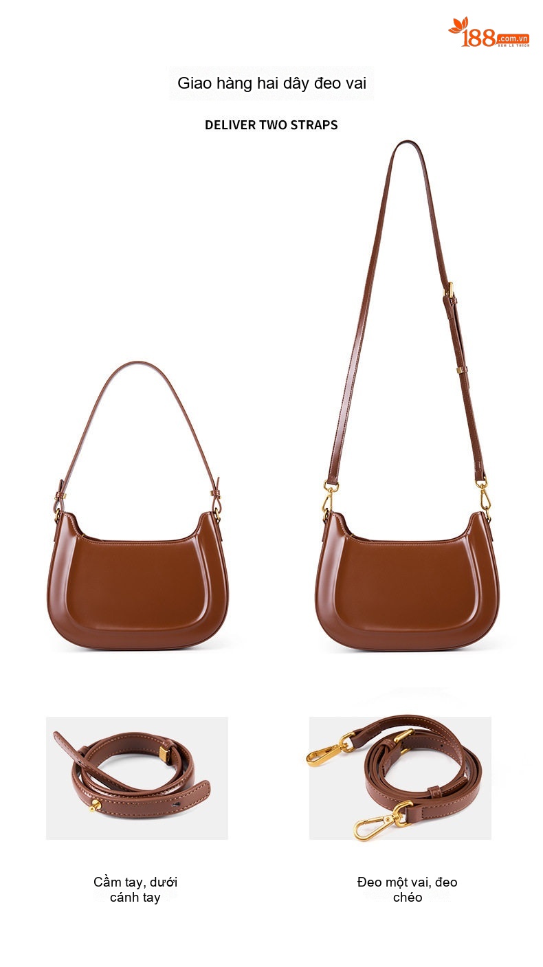 Túi Đeo Vai/Đeo Chéo Nữ Da Thật Dáng Saddle Retro Màu Đỏ, Nâu, Đen chi tiết 7