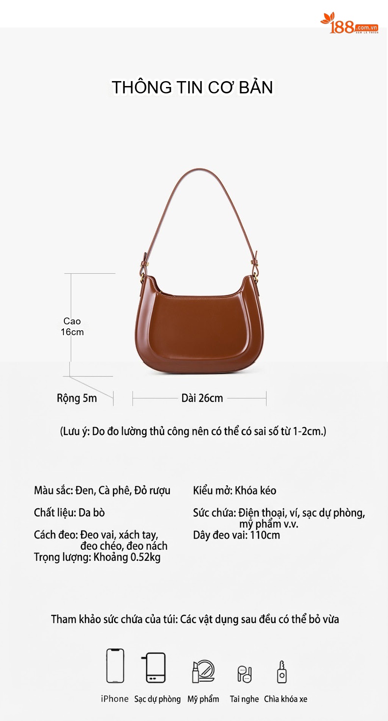 Túi Đeo Vai/Đeo Chéo Nữ Da Thật Dáng Saddle Retro Màu Đỏ, Nâu, Đen chi tiết 8