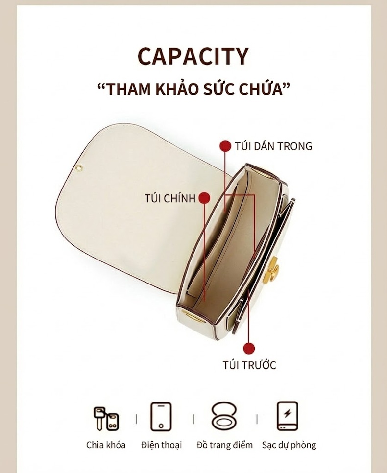 Túi Đeo Vai/Đeo Chéo Nữ Da Thật Dáng Yên Ngựa Khóa Cài Phong Cách Pháp Màu Trắng, Xanh Lá, Đen chi tiết 6