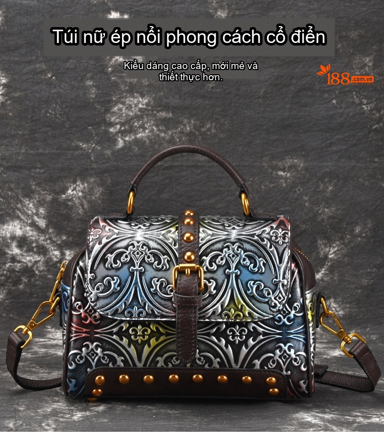 Túi Đeo Vai/Đeo Chéo Nữ Da Thật Dập Nổi Phong Cách Âu Mỹ Cổ Điển Màu Nâu chi tiết 1