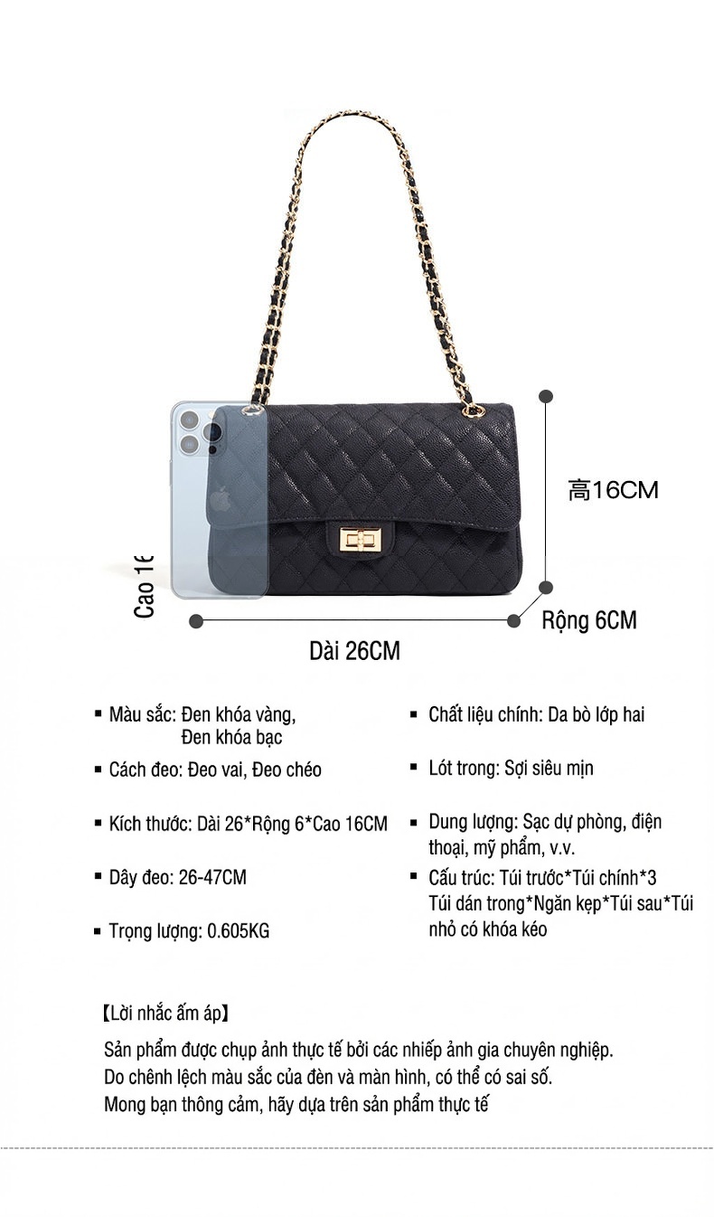 Túi Đeo Vai/Đeo Chéo Nữ Da Thật Họa Tiết Trám Khóa Vuông Dây Xích Phong Cách Tiểu Thư Sang Trọng Màu Đen chi tiết 8