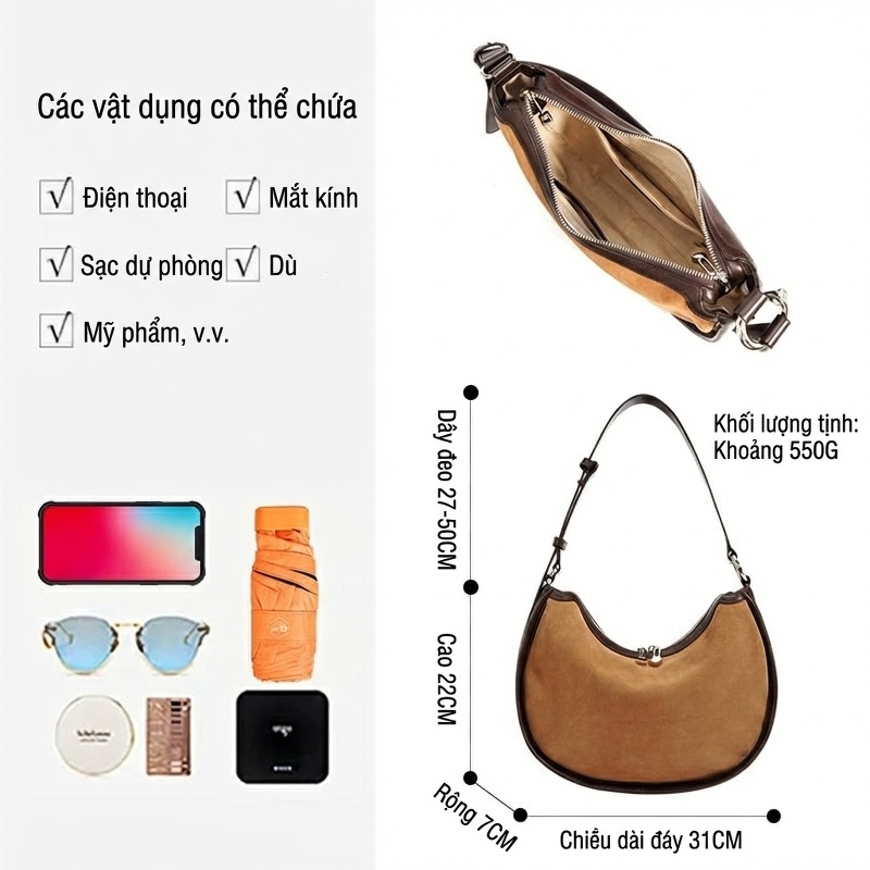 Túi Đeo Vai/Đeo Chéo Nữ Da Thật Mờ Phong Cách Vintage Màu Nâu