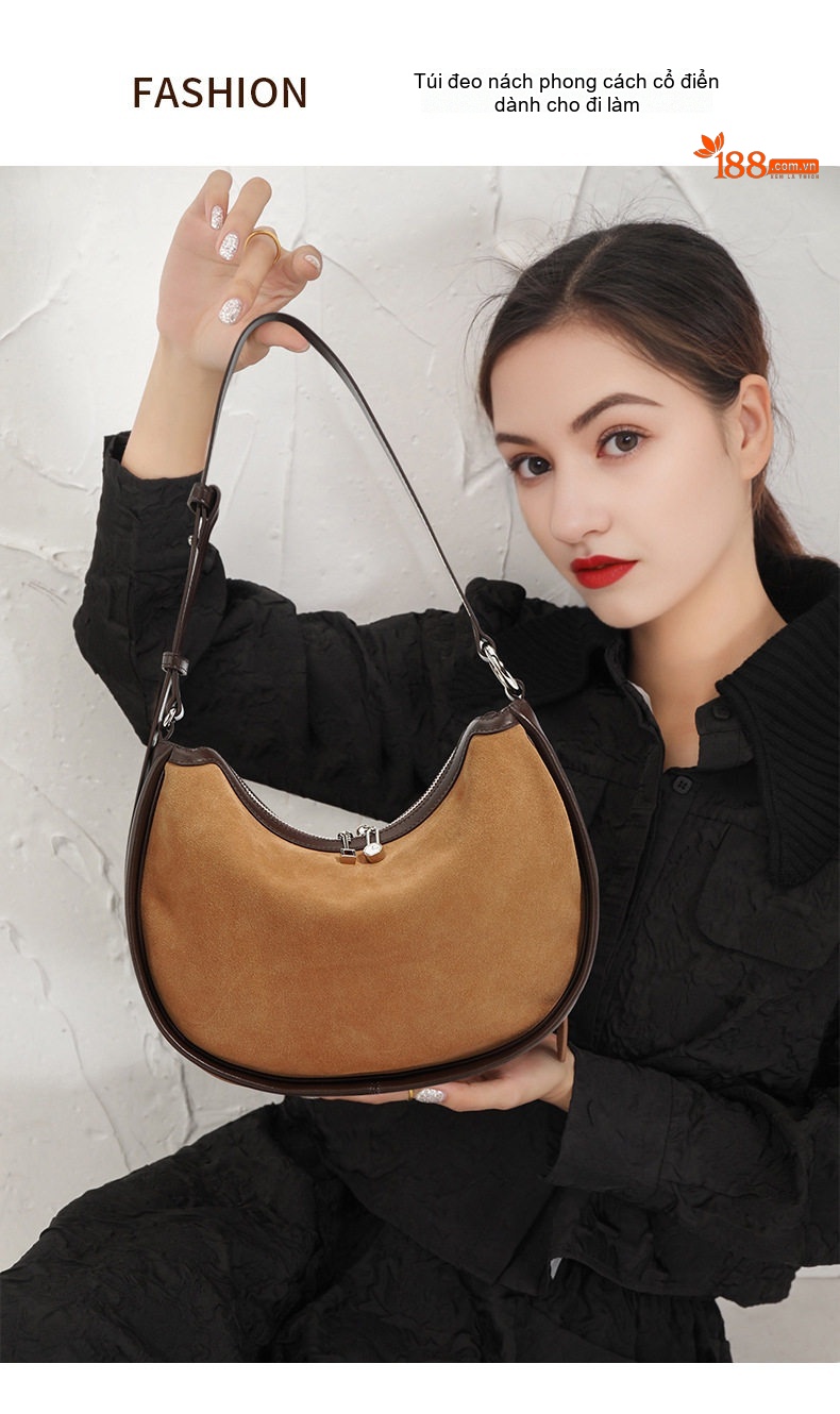 Túi Đeo Vai/Đeo Chéo Nữ Da Thật Mờ Phong Cách Vintage Màu Nâu chi tiết 2