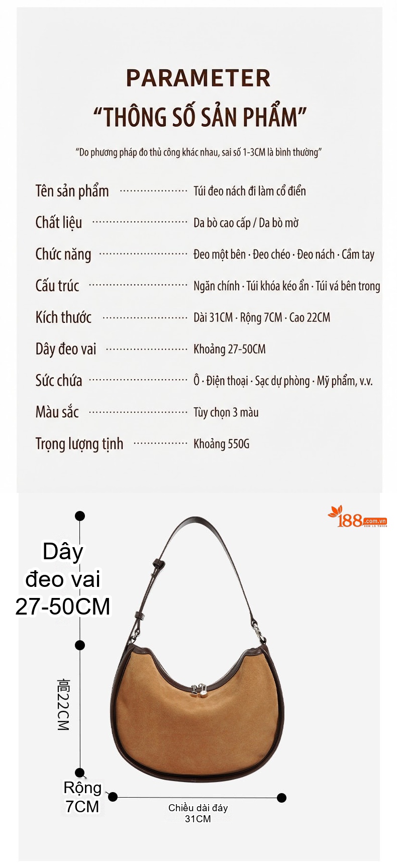 Túi Đeo Vai/Đeo Chéo Nữ Da Thật Mờ Phong Cách Vintage Màu Nâu chi tiết 3