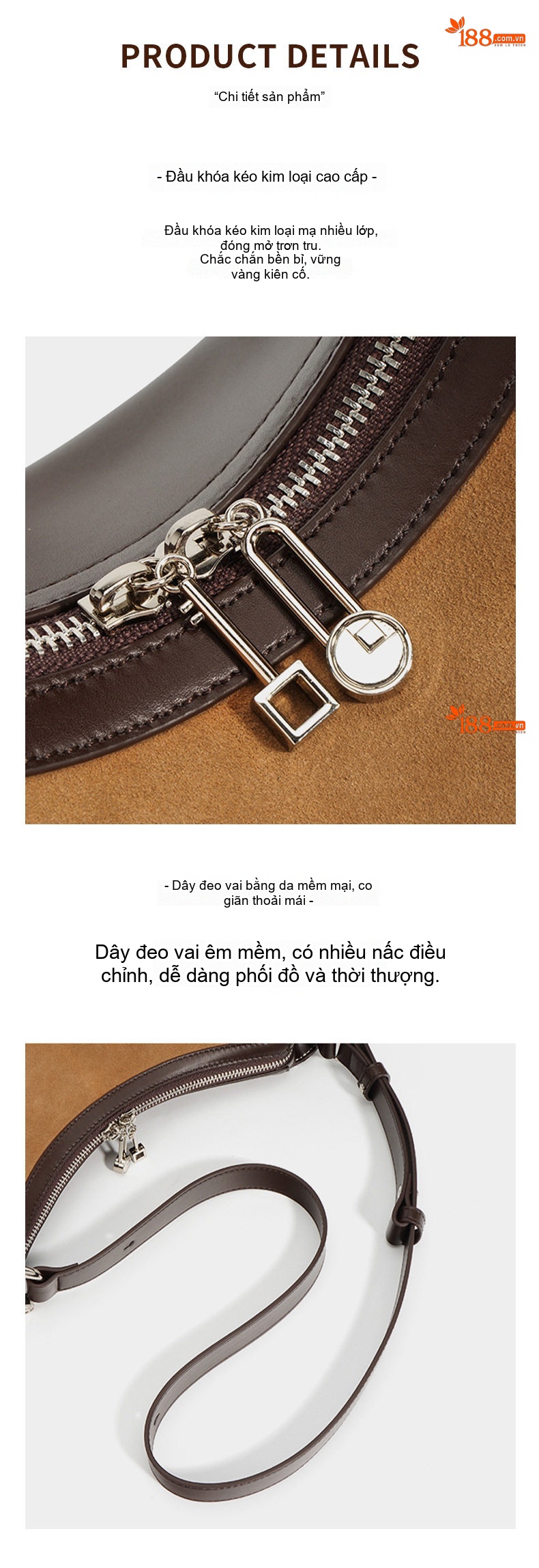 Túi Đeo Vai/Đeo Chéo Nữ Da Thật Mờ Phong Cách Vintage Màu Nâu chi tiết 12