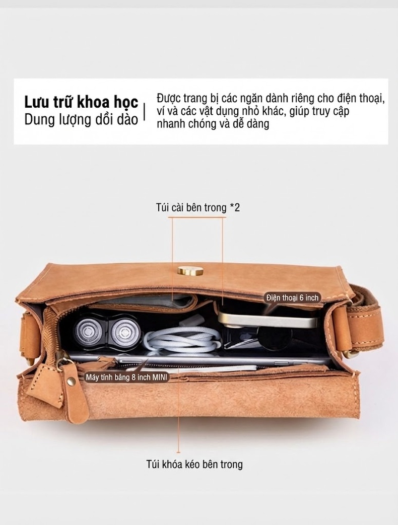 Túi Đeo Vai/Đeo Chéo Nữ Da Thật Sức Chứa Lớn Màu Nâu, Nâu Đậm, Xám Đậm chi tiết 9