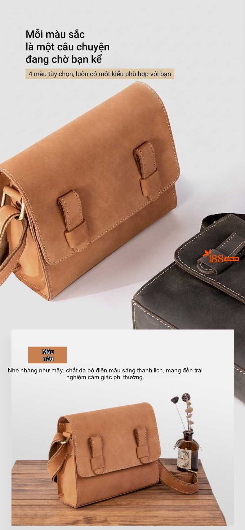 Túi Đeo Vai/Đeo Chéo Nữ Da Thật Sức Chứa Lớn Màu Nâu, Nâu Đậm, Xám Đậm chi tiết 5