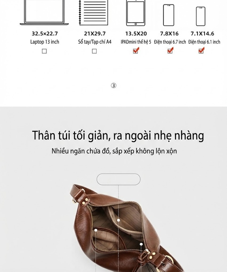 Túi Đeo Vai/Đeo Chéo Nữ Da Thật Sức Chứa Lớn Phong Cách Thời Trang Công Sở Màu Nâu chi tiết 6