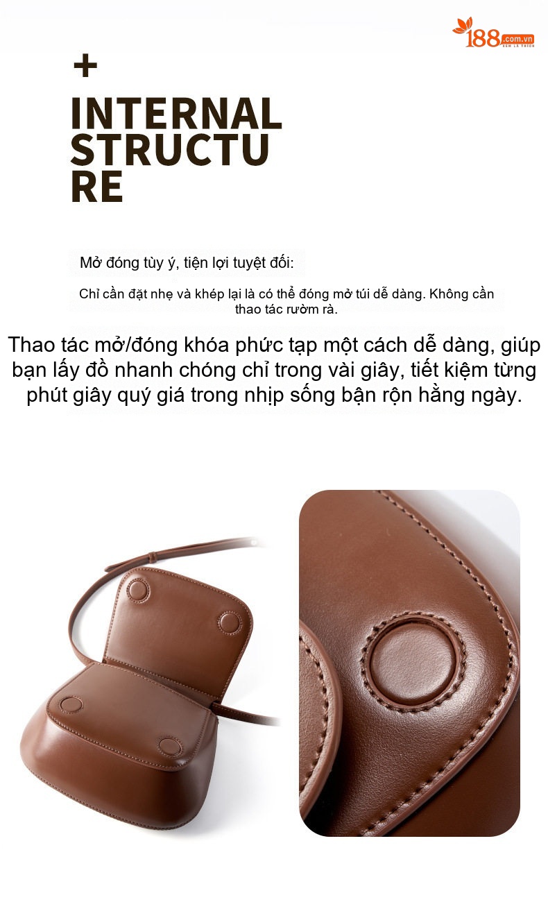 Túi Đeo Vai/Đeo Chéo Nữ Da Thật Thiết Kế Hình Yên Ngựa Phong Cách Vintage Màu Nâu, Kem chi tiết 8