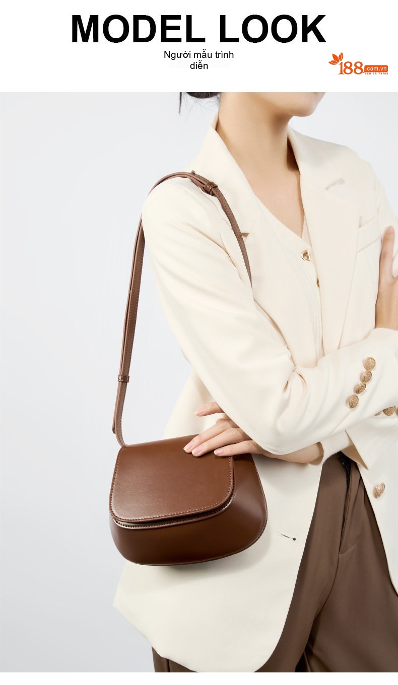 Túi Đeo Vai/Đeo Chéo Nữ Da Thật Thiết Kế Hình Yên Ngựa Phong Cách Vintage Màu Nâu, Kem chi tiết 10