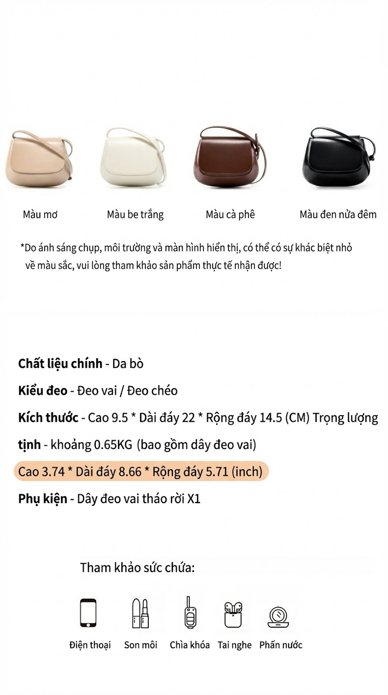 Túi Đeo Vai/Đeo Chéo Nữ Da Thật Thiết Kế Hình Yên Ngựa Phong Cách Vintage Màu Nâu, Kem chi tiết 2