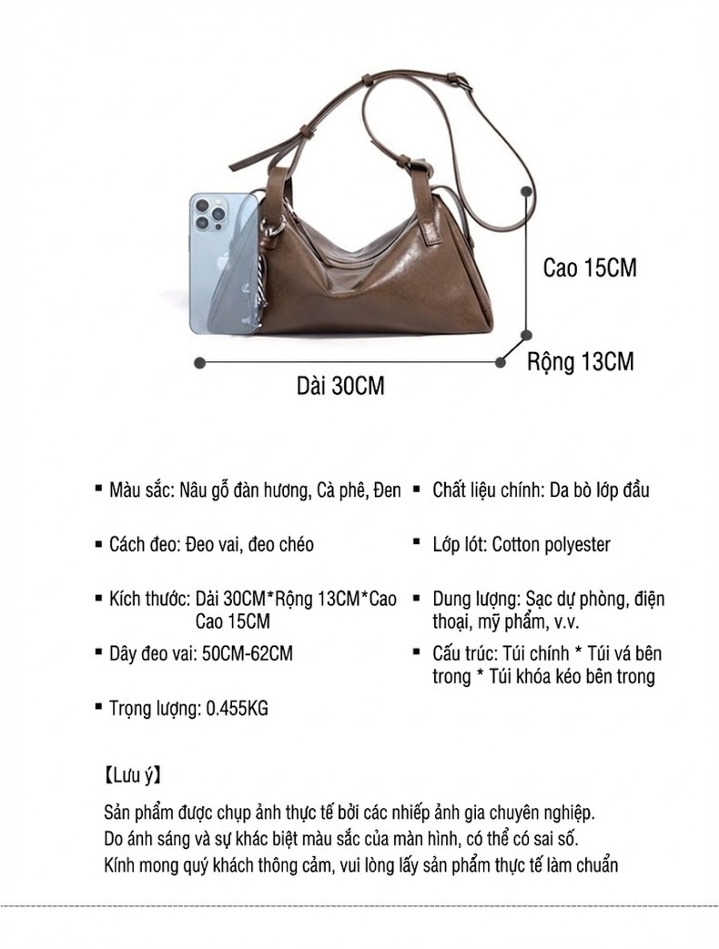 Túi Đeo Vai/Đeo Chéo Nữ Da Thật Thiết Kế Nhỏ Gọn Sang Trọng Màu Đen, Nâu chi tiết 7