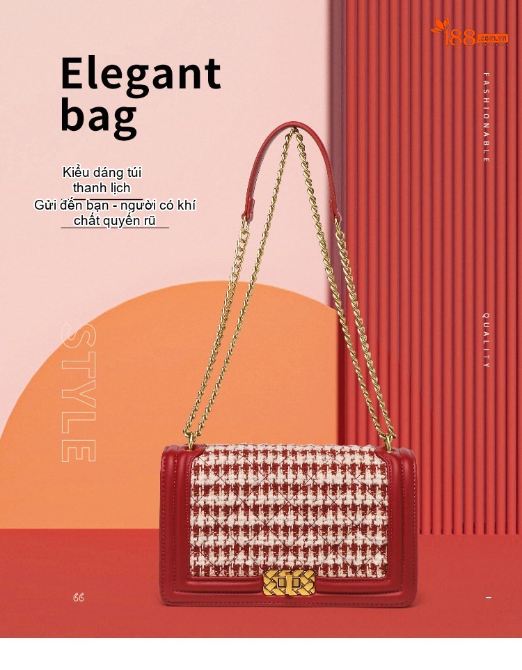 Túi Đeo Vai/Đeo Chéo Nữ Thiết Kế Họa Tiết Houndstooth Màu Đỏ chi tiết 1
