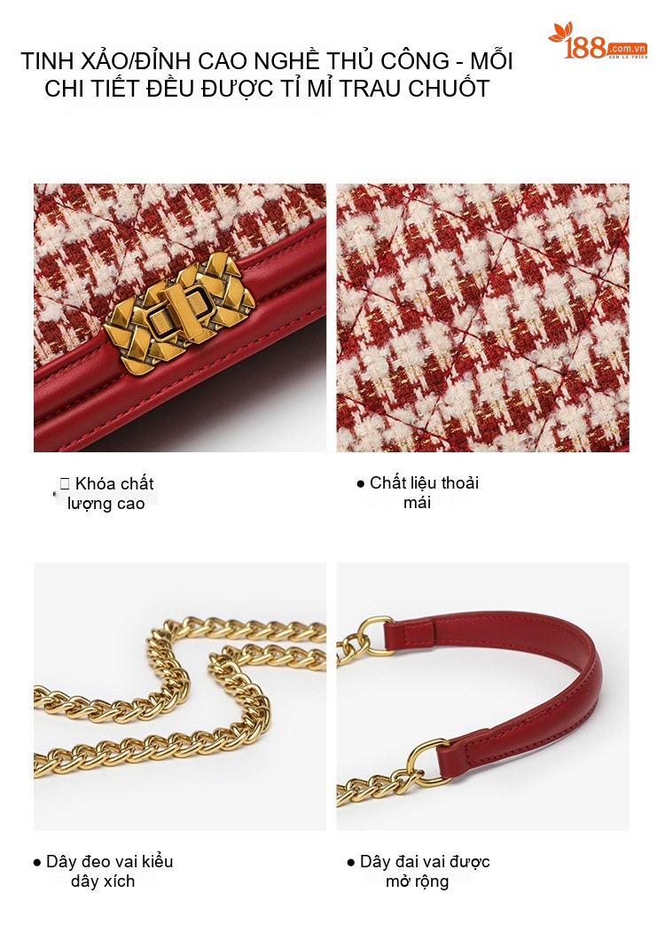 Túi Đeo Vai/Đeo Chéo Nữ Thiết Kế Họa Tiết Houndstooth Màu Đỏ chi tiết 5