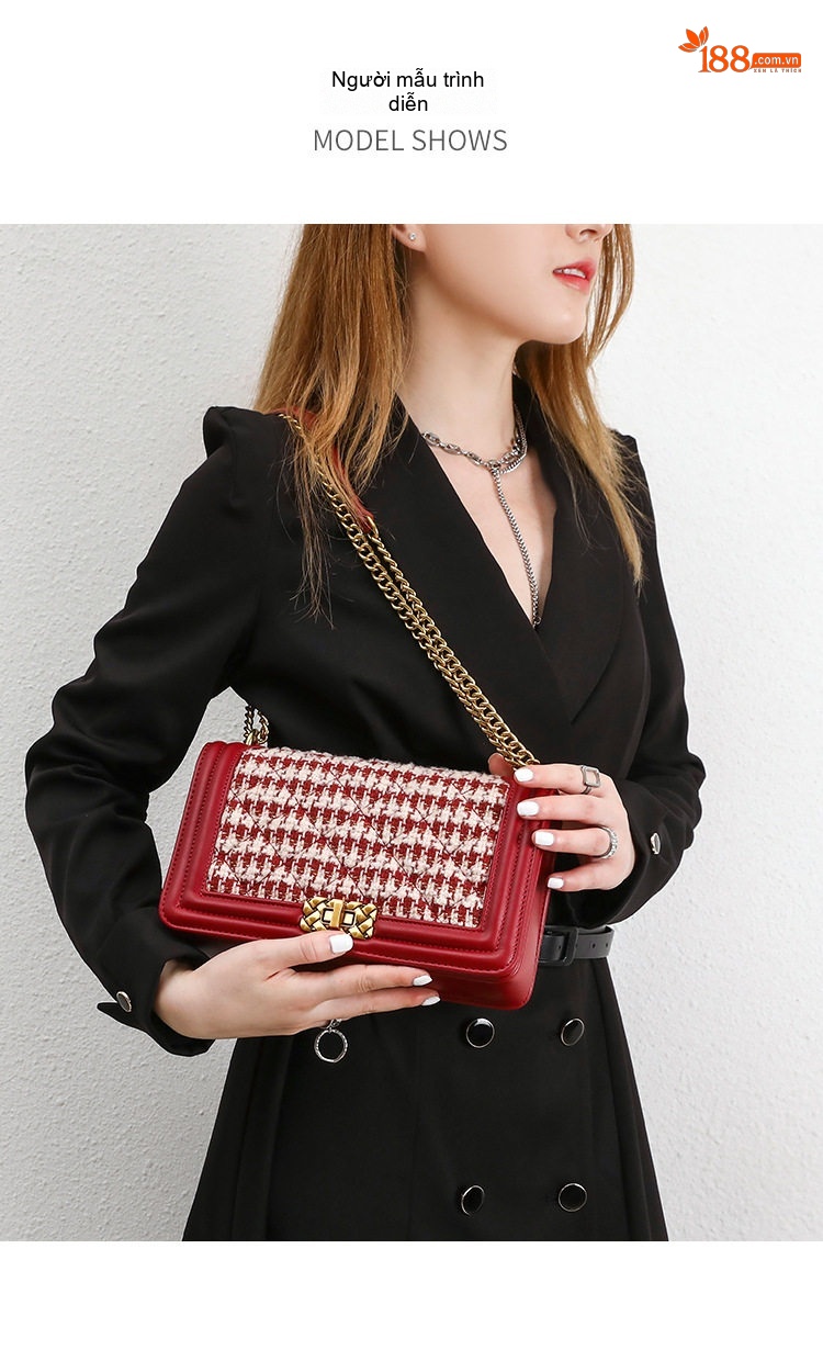 Túi Đeo Vai/Đeo Chéo Nữ Thiết Kế Họa Tiết Houndstooth Màu Đỏ chi tiết 10