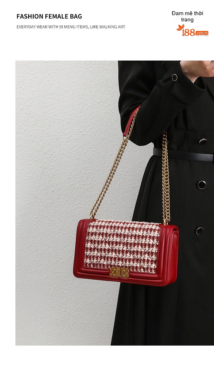 Túi Đeo Vai/Đeo Chéo Nữ Thiết Kế Họa Tiết Houndstooth Màu Đỏ chi tiết 11