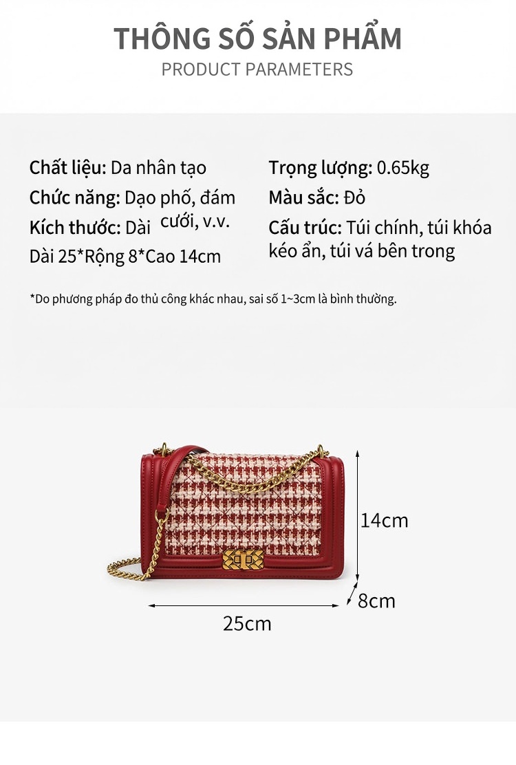 Túi Đeo Vai/Đeo Chéo Nữ Thiết Kế Họa Tiết Houndstooth Màu Đỏ chi tiết 7